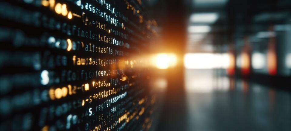 Glowing lines of computer code on a dark wall in a hallway with bright light ahead
