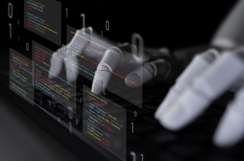 A robotic hand interacts with a code display, illustrating AI-assisted software development.