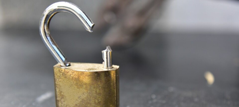 An open brass padlock with a bent shackle on a dark tabletop.