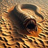Top-down view of a giant sandworm-like creature on rippled desert sand with its mouth open.